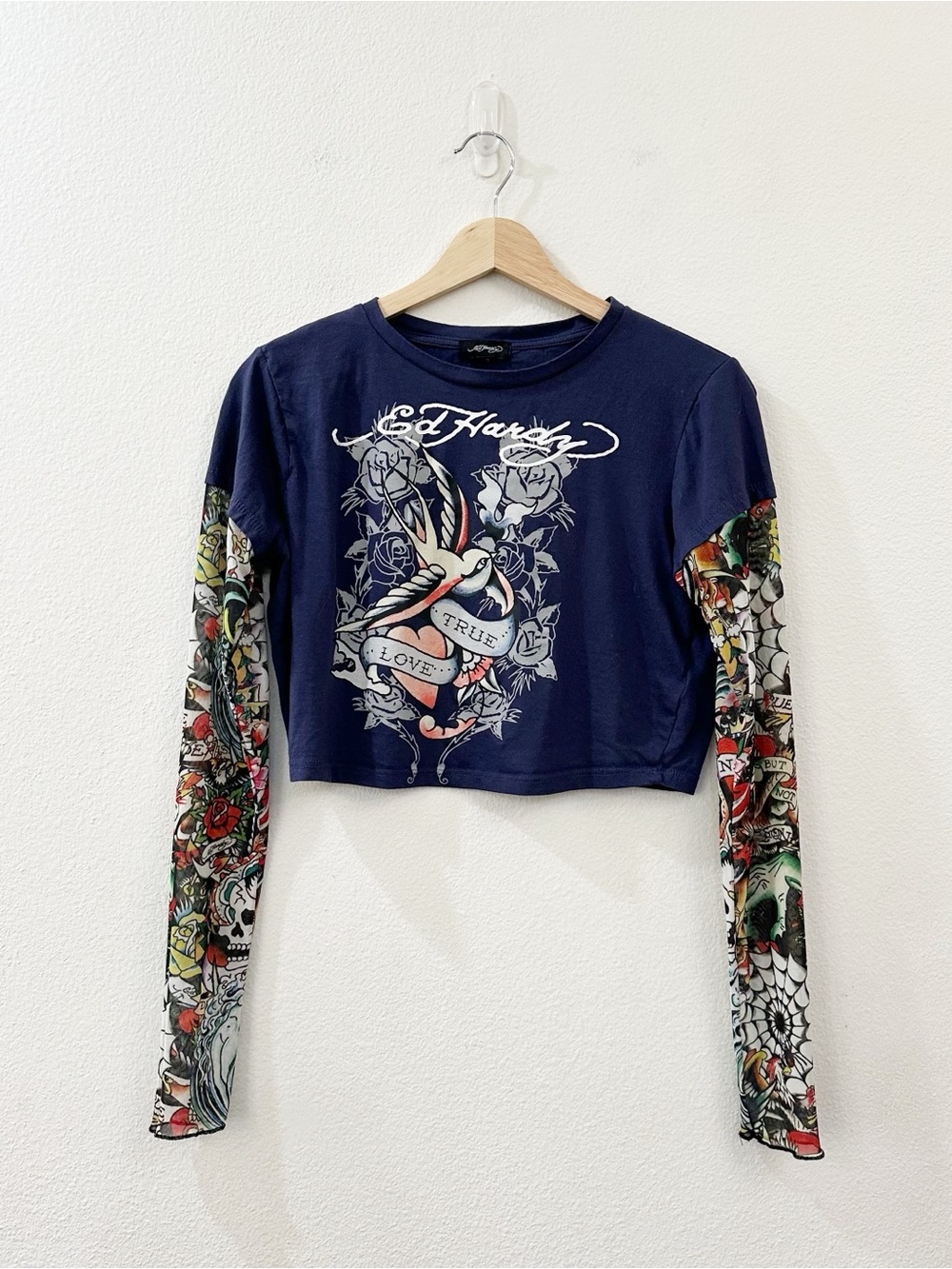 Ed Hardy Women's True Love Mesh Twofer Long-Sleeve Cropped Top Size Large